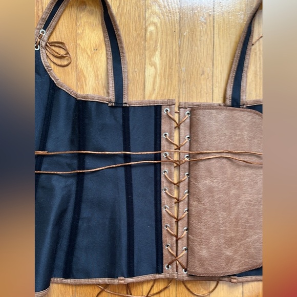 Leather-Look Bodice / Corset Top / Stays Brown Tan Fits Like XS / S Lace Up - Picture 9 of 14